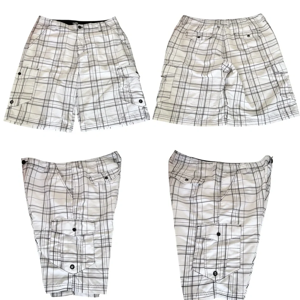 Carbon White and Black Plaid Relaxed Cargo Shorts Men’s 38